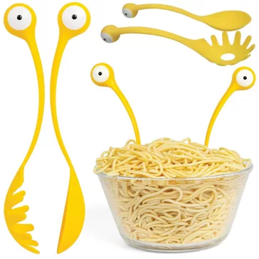 2 db-os sárga rák formájú tésztakanál szett - merőkanál és spagetti szedőkanál műanyagból, tapadásmentes edényekhez.