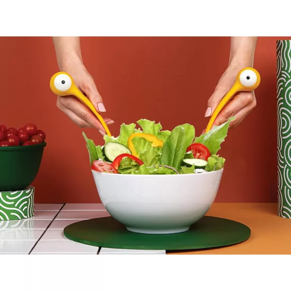 2 db-os sárga rák formájú tésztakanál szett - merőkanál és spagetti szedőkanál műanyagból, tapadásmentes edényekhez.