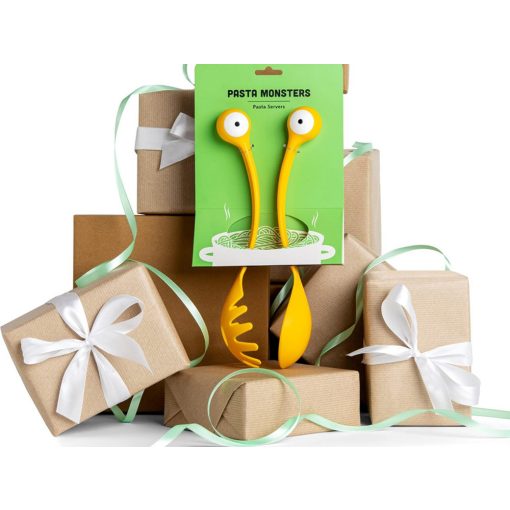 2 db-os sárga rák formájú tésztakanál szett - merőkanál és spagetti szedőkanál műanyagból, tapadásmentes edényekhez.