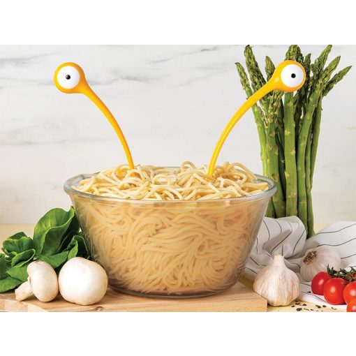 2 db-os sárga rák formájú tésztakanál szett - merőkanál és spagetti szedőkanál műanyagból, tapadásmentes edényekhez.