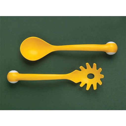 2 db-os sárga rák formájú tésztakanál szett - merőkanál és spagetti szedőkanál műanyagból, tapadásmentes edényekhez.