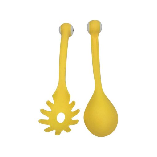 2 db-os sárga rák formájú tésztakanál szett - merőkanál és spagetti szedőkanál műanyagból, tapadásmentes edényekhez.