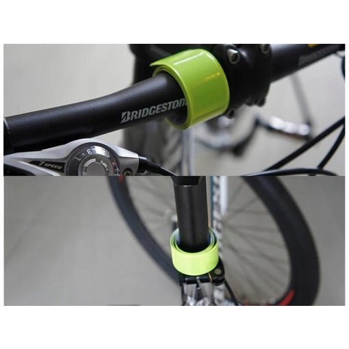 Jól látható, neon színű, önzáródó fényvisszaverő karpánt csuklón viselve sötétben.