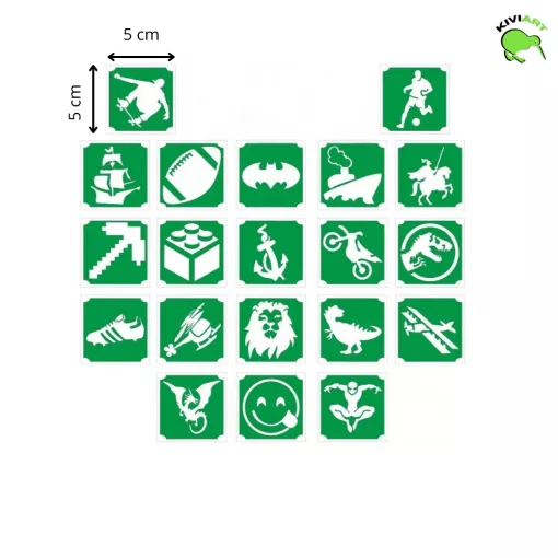 20 darabos fiús csillámtetoválás sablon készlet autókkal és dinoszauruszokkal