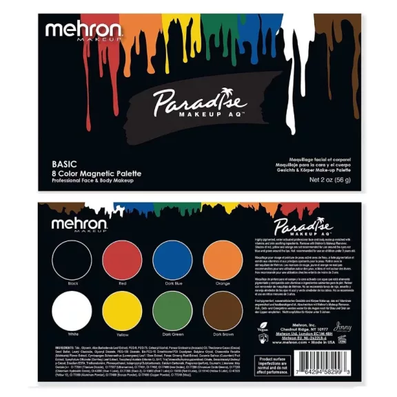 Mehron Paradise AQ Basic 8 színű arcfesték készlet - Alap színek