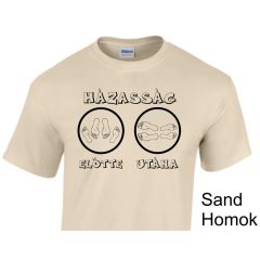 Házasság előtte, utána' felirattal, humoros legény- és lánybúcsú ruházat