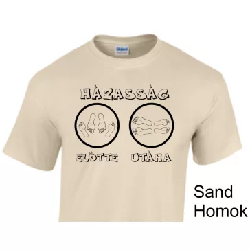 Házasság előtte, utána' felirattal, humoros legény- és lánybúcsú ruházat