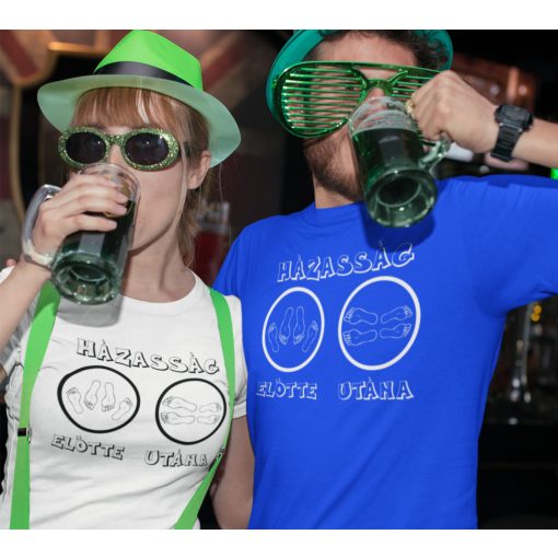 Házasság előtte, utána' felirattal, humoros legény- és lánybúcsú ruházat