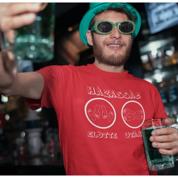 Házasság előtte, utána' felirattal, humoros legény- és lánybúcsú ruházat