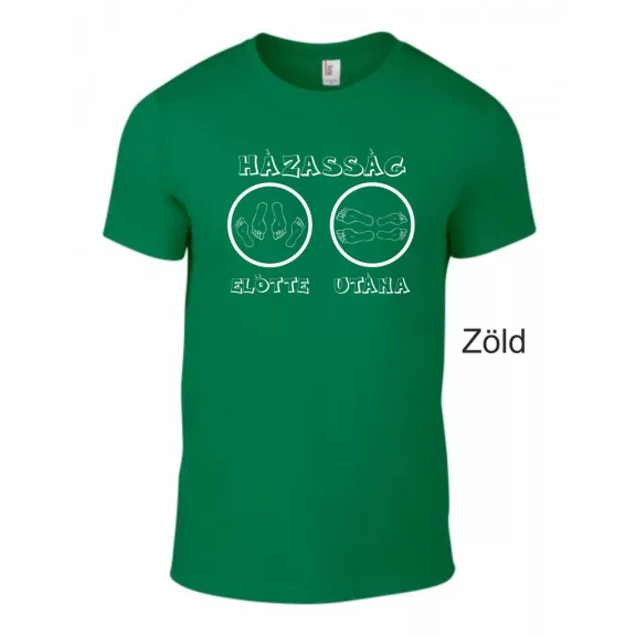 Házasság előtte, utána' felirattal, humoros legény- és lánybúcsú ruházat